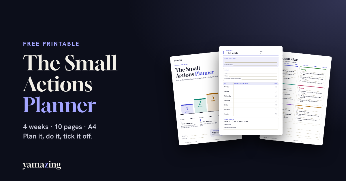 Three pages of the Small Actions Planner: the cover, a week page and the ideas page
